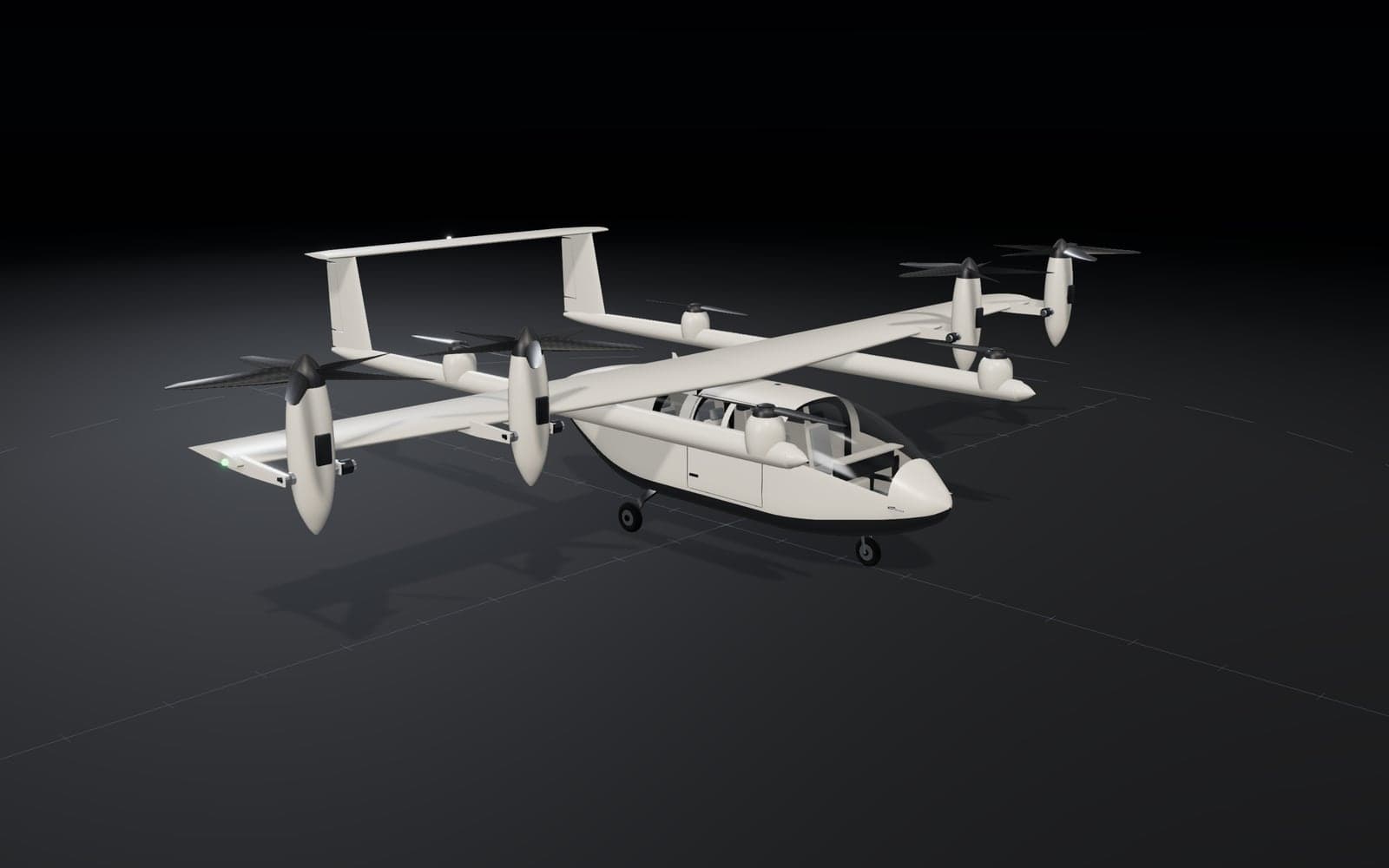 UFlight™ Reference eVTOL: a six-seat high-wing electric aircraft with eight propulsion units, in a dark engineering studio