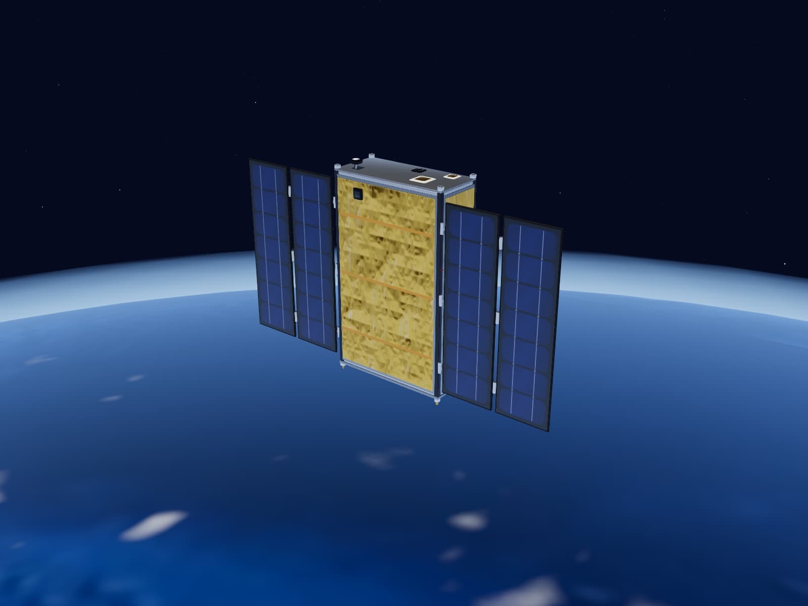 A 6U Earth-observation satellite with deployed solar arrays in orbit above Earth
